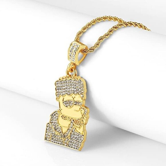 18k Gold Plated CZ Fully Iced Out Cartoon 316L Stainless Steel Pendant Chain NWT - Picture 3 of 6